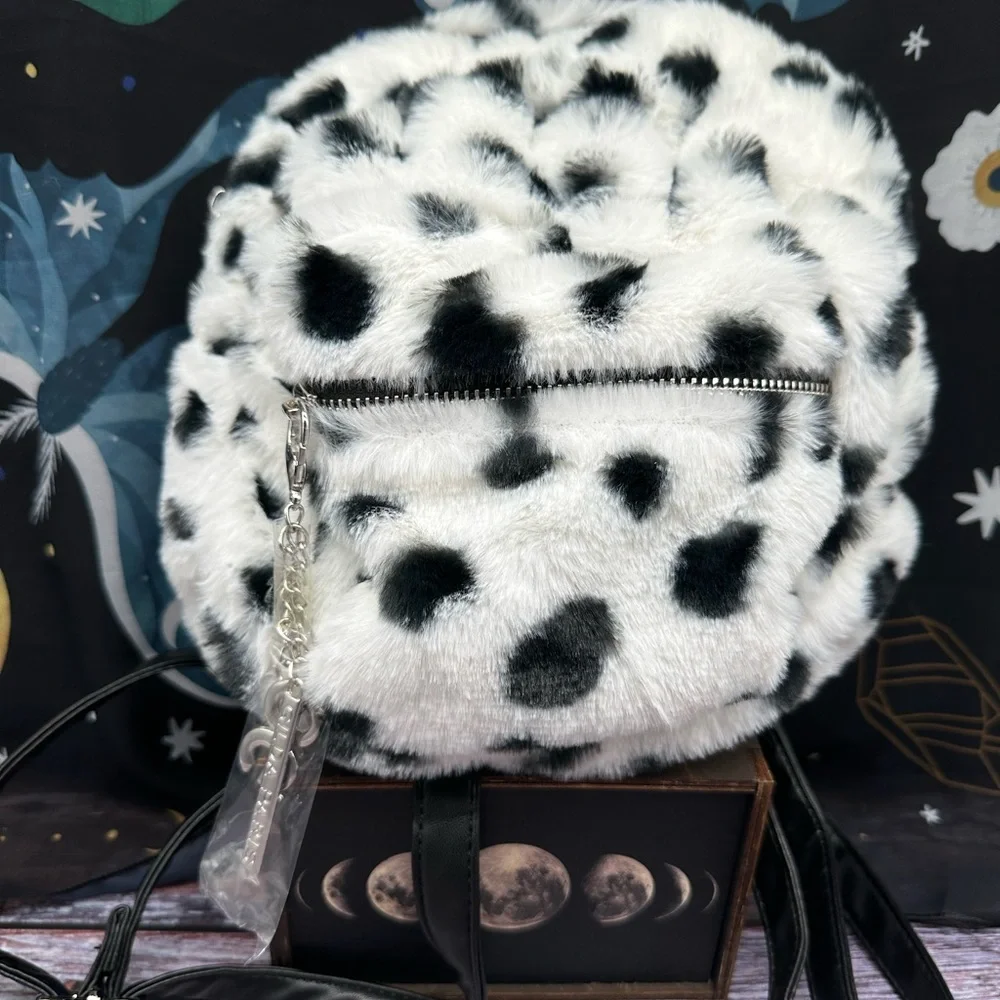 GILDA PARIS | Plush Fur Animal Print Spotted Mini Backpack with Charms NWT